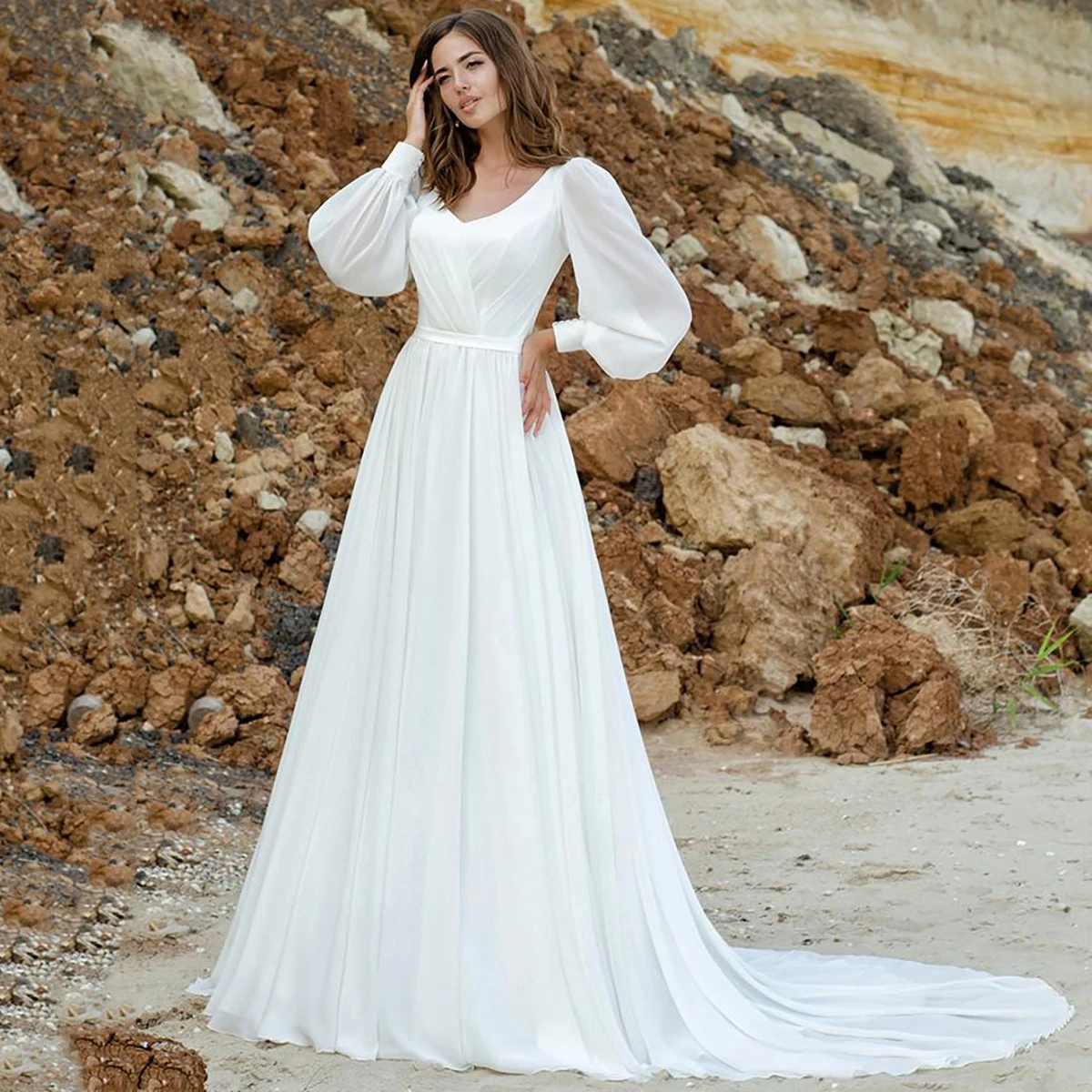 Scollo tondo una linea abito da sposa in Chiffon maniche lunghe A balze gonna foderata fluida cerniera corsetto semplici abiti da sposa minimalisti