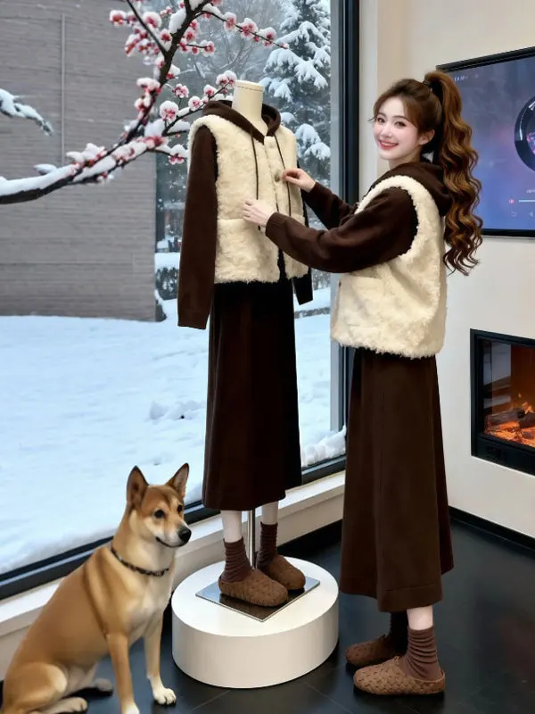 

Корейский винтажный комплект: красивый жилет, худи, топ и юбка. Элегантный зимний модный женский комплект.