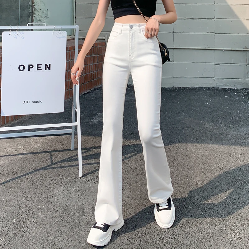 Flared Jeans Woman High Waist Denim Trousers For Female Blue White Black Elastic Skinny Fashion Classic Leisure Wide Leg Pants