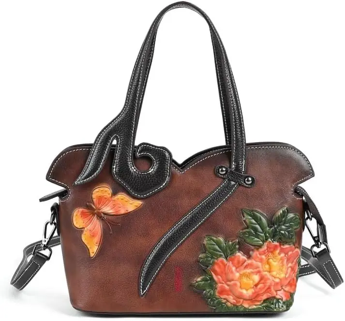 Floral Genuine Leather Women Purse Handbag Vintage Cowhide Tote Bag Ladies Shopping Shoulder Bag Crossbody Bag