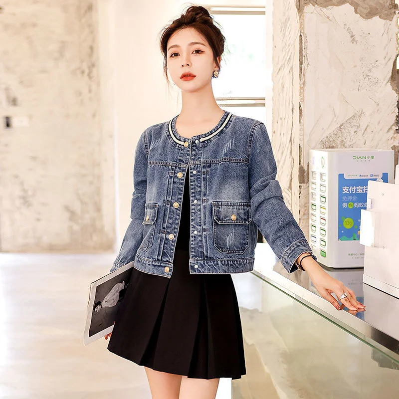 

Small Fragrant Style Denim Jacket Women's European American Style Fashion Spring Autumn Coat Short Temperament Jeans Top 2025
