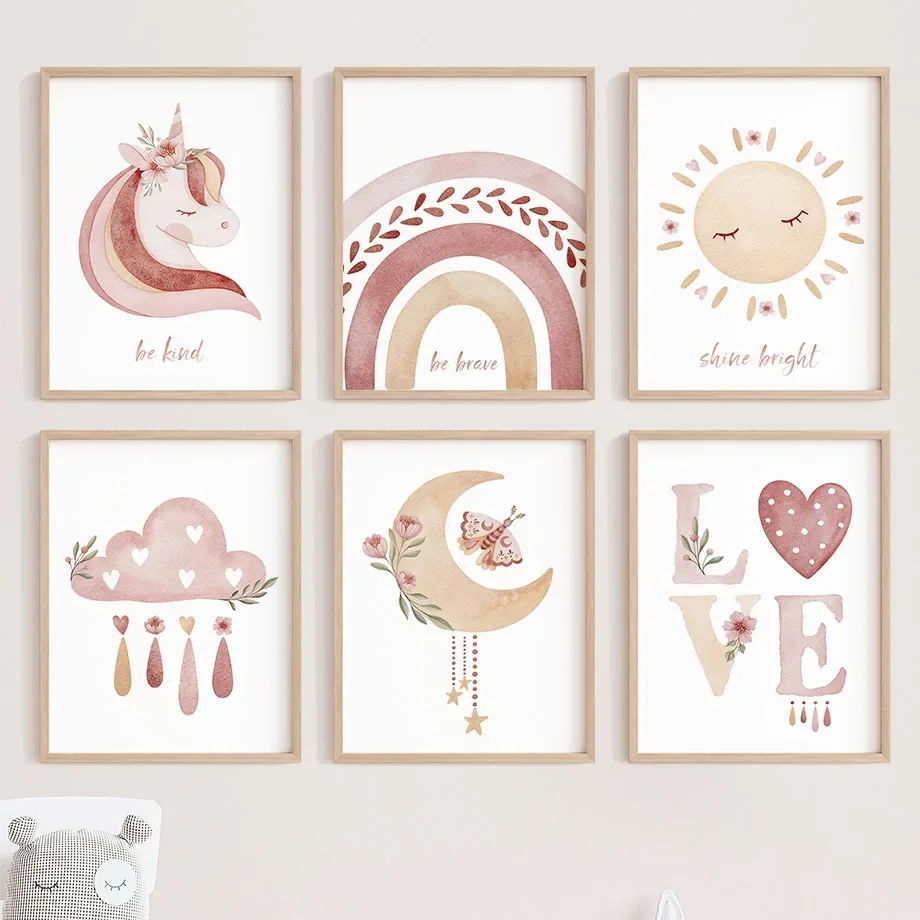 Canvas PaintingAcuarela Unicornio Sol Luna Arco Iris Nube Cuadro Sobre Lienzo Para Pared  De Dibujos Animados E Impresiones I