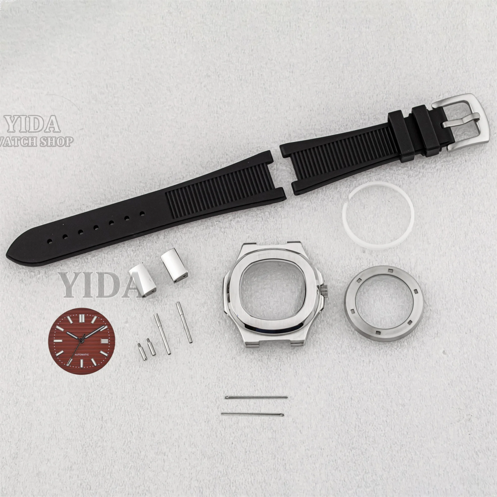 

Корпус NH35 41 мм, резиновый браслет, нержавеющая сталь 316L, серебряный корпус для часов, зеленый светящийся циферблат, стрелки, подходят для деталей механизма Nautilus NH35