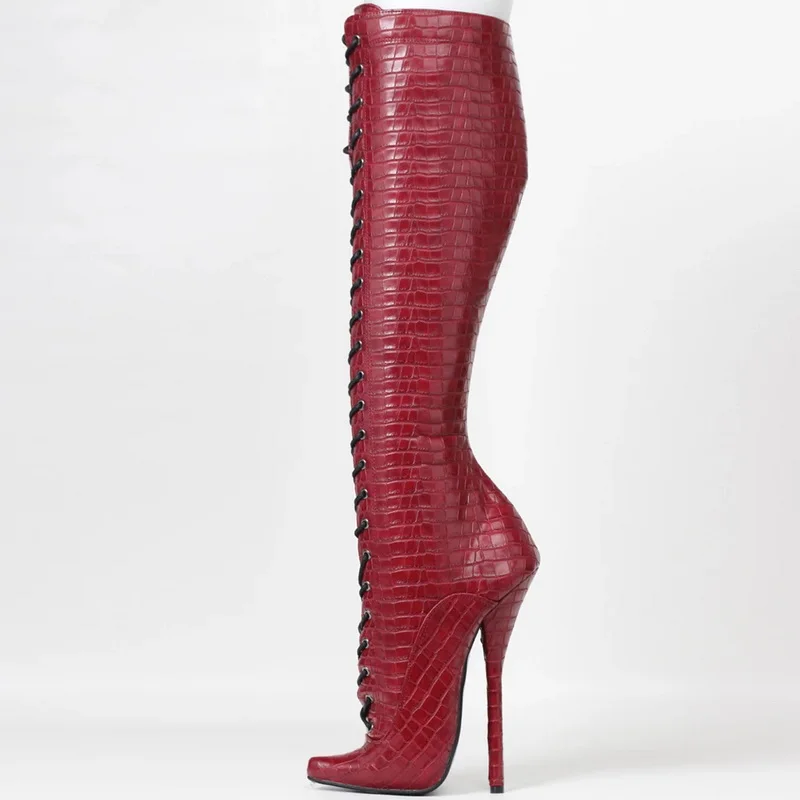 CACA 18cm High Heels Ballet Boots,Stage Show Pole Dance Shoes,Sexy Knee High Botas,Crocodile Pattern Leather,Red,Custom Colors,