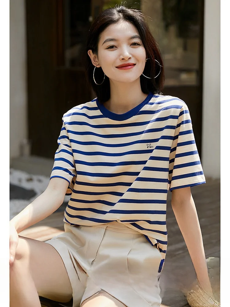 

Хлопковая полосатая футболка Xhange: повседневный женский топ с круглым вырезом и коротким рукавом, весенняя мода, удобный, дышащий, прямого кроя
