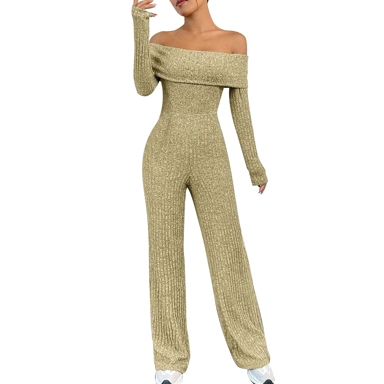 Women'S Ribbed-Knit Jumpsuit Fashion Casual Solid Folded Off-The-Shoulder Jumpsuit Slim Fit Top Loose Wide Leg Bottom Jumpsuit