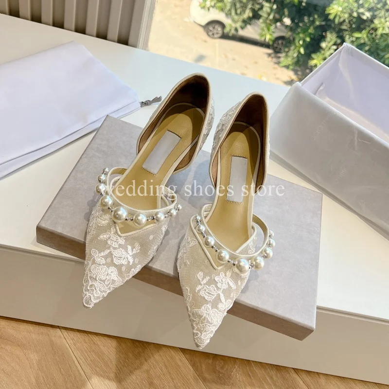 Embroidered Lace Pearl Heels Women High Heels Shallow Mouth Pointed Toe High Heels Luxury New Single Shoes Women Pumps Wedding