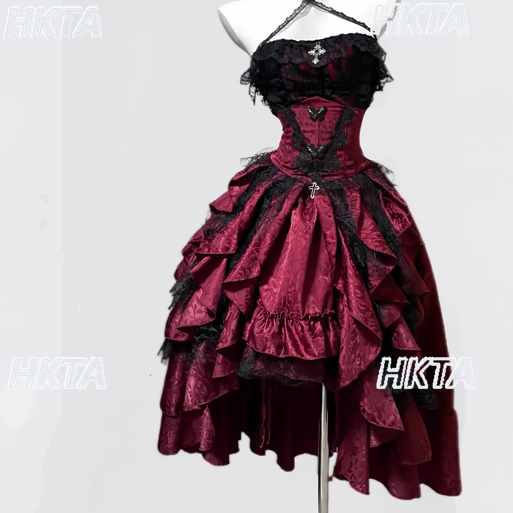 Dark Gothic Style Halter Long Skirt Women Girls Gothic Lolita Heavy Craft Ruffled Lace Skirt Elegant Sexy Sleeveless Vest Set view 6