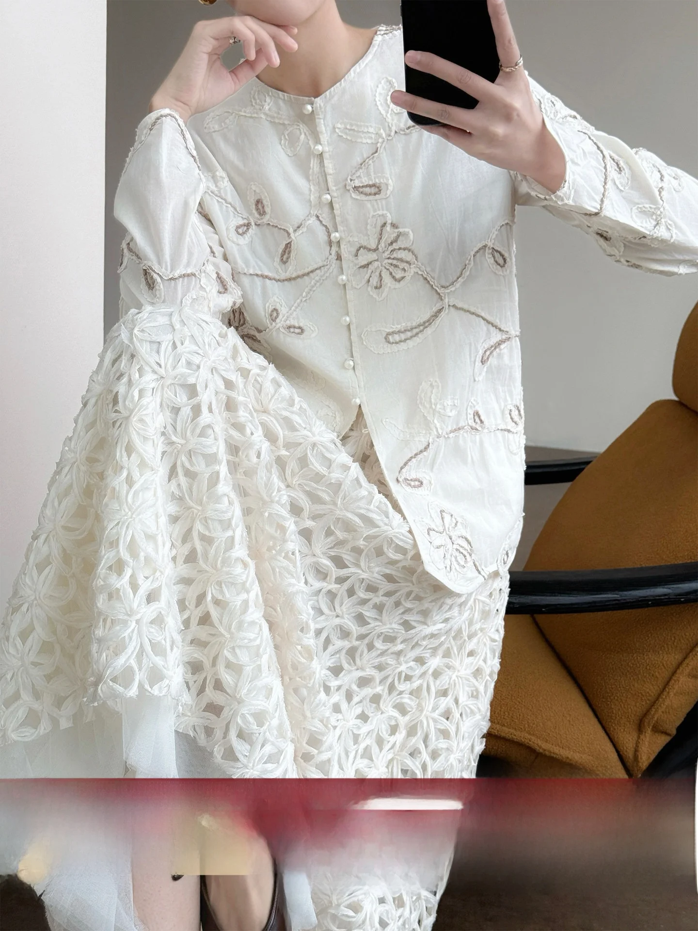 

WANGER Spring 2026 Women's Cotton Casual Fit Long Sve round Ne irt Embroidered Pearl Button up Stand up Top