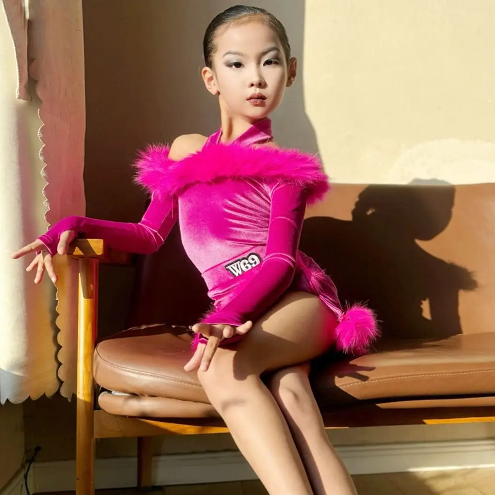 

Fashion Velvet Latin Dance Dress Rose red Cha Cha Dance Performance Outfits Rumba Professional Stage Costume Show Costumes