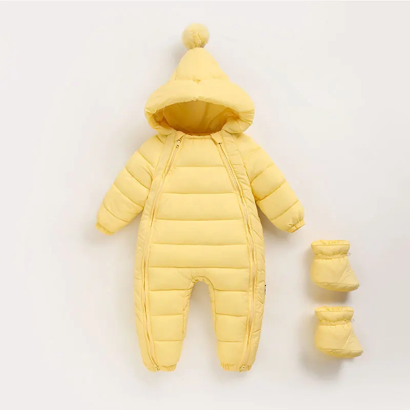 Autumn Winter Newborns Romper Hooded Plus Velvet Solid Cotton Quilted Toddler Boy Jumpsuit Snowsuit Infant Baby Girl Overalls