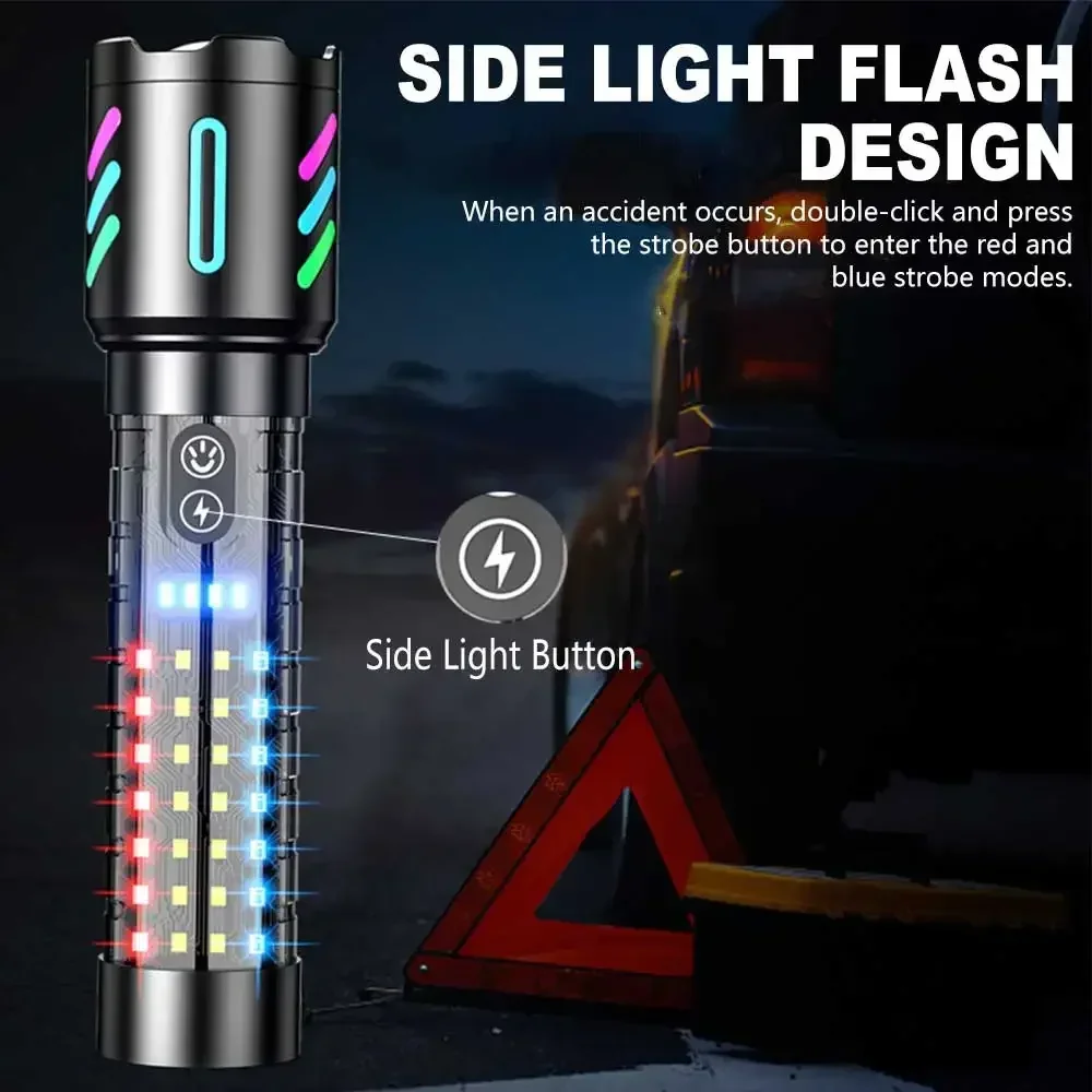 Ultra Bright LED Flashlight with Fluorescent Strip Rechargeable Aluminum Alloy White Laser Torch Portable Lighting Work Lamp