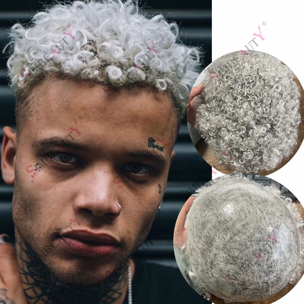 

Undetectable 10mm Afro Black Grey 1B80 Male Hair Curly Super Durable Full PU Base Injected Natural Hairline Capillary Prosthesis