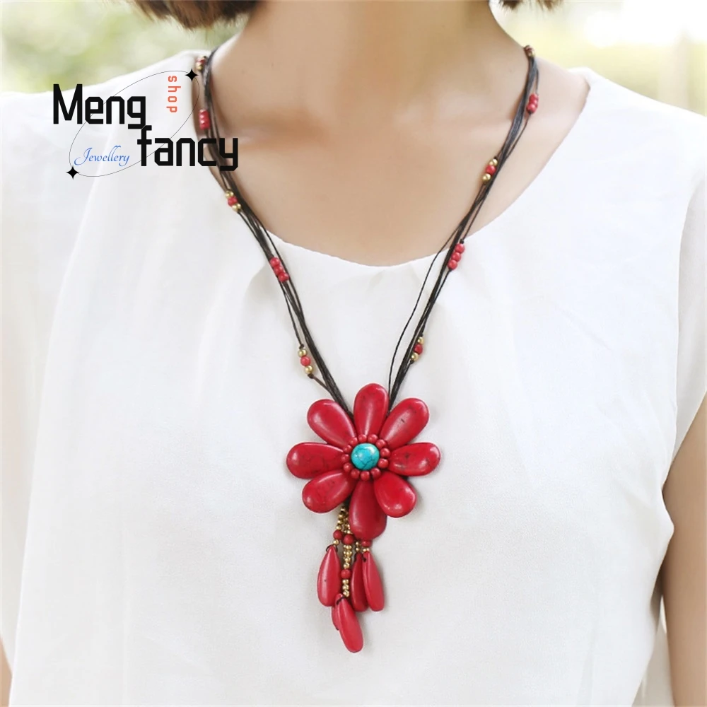 

European And American Bohemian Style Semi-Gemstone Turquoise Necklace, Retro Wax Rope, Hand-Woven Sweater Chain Best Selling