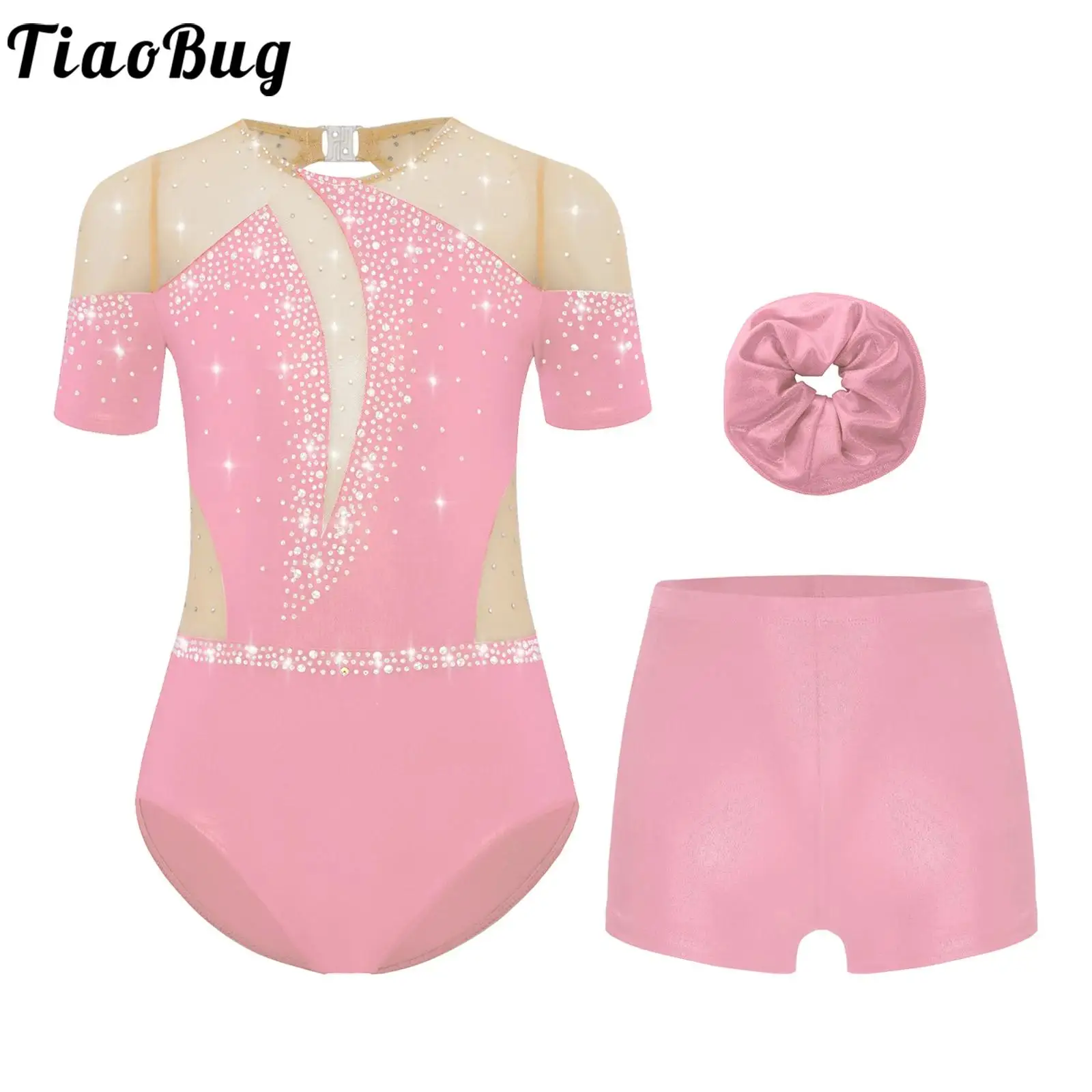

Girls Gymnastics Figure Skating Dance Leotards Outfits Short Sleeve Sheer Mesh Patchwork Rhinestones Bodysuit Ballet Dancewear