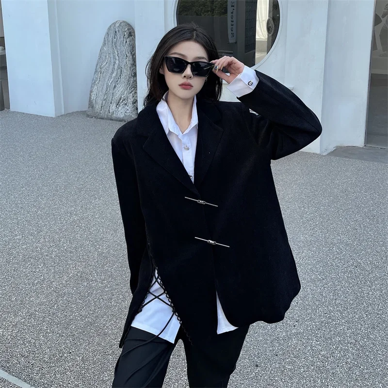 Insozkdg Chinese Stijl Asymmetrische Ceinted Zwarte Blazer Vrouwen Lente Nieuwe Elegante Afslankende Trendy Jas Hoge Kwaliteit Modieus