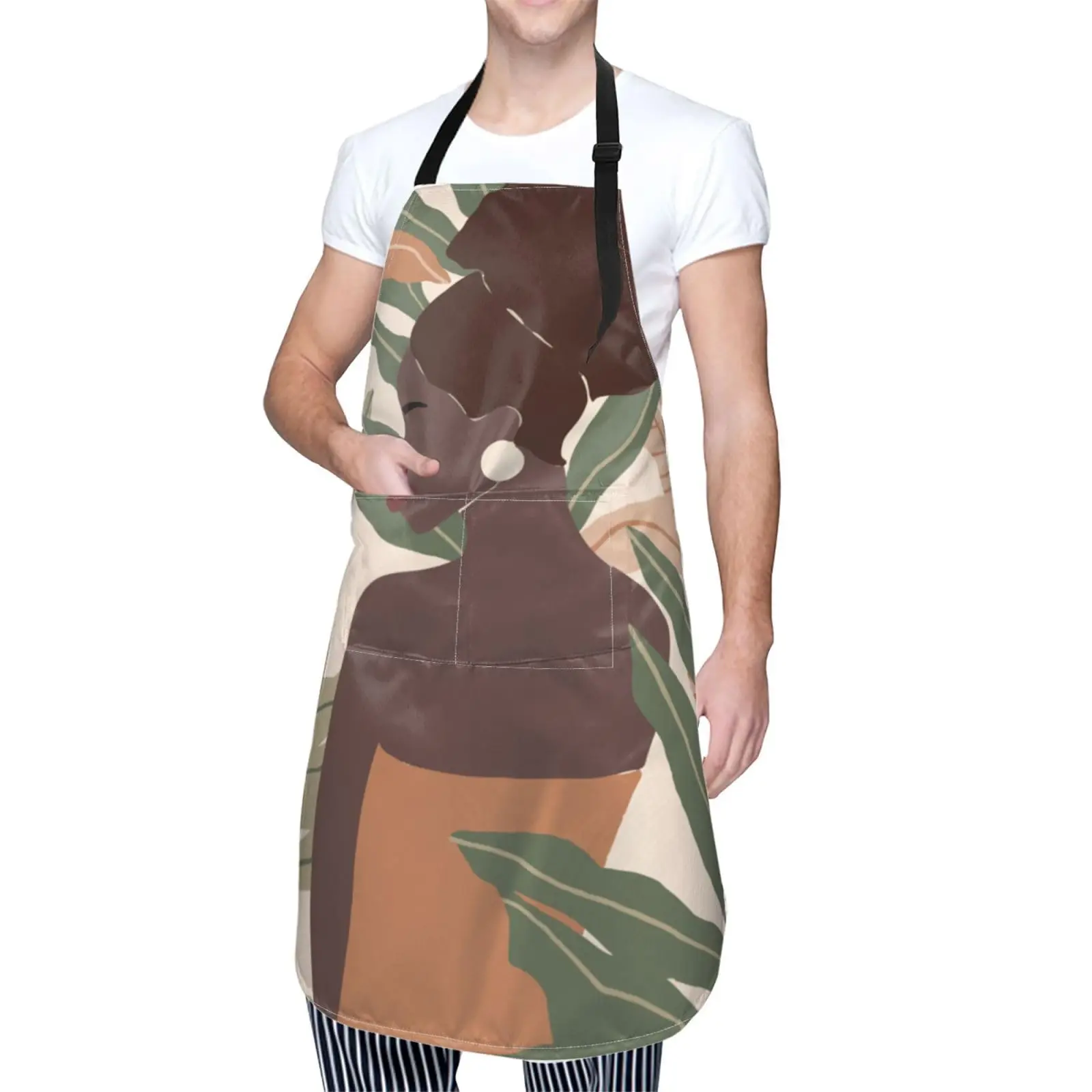 

African Women Waterproof Bib Apron with 2 Pockets, Adjustable Kitchen Chef Apron for Men Women Cooking Grooming Bbq