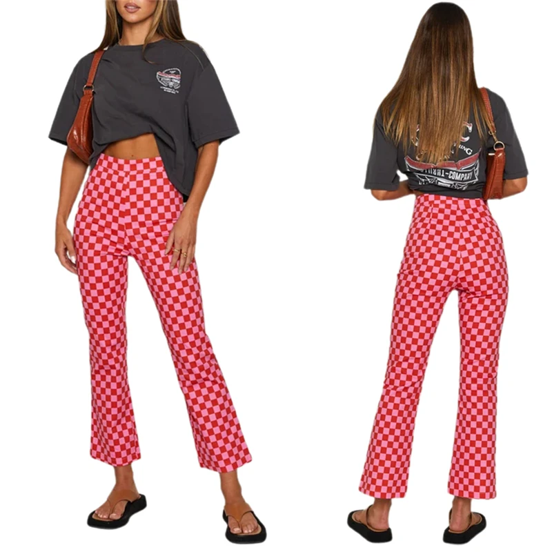 High Quality American Vintage Clothes Casual Skinny Flared Pants For Women Classic High Waist Plaid Printed Slim Fit Y2k Pants