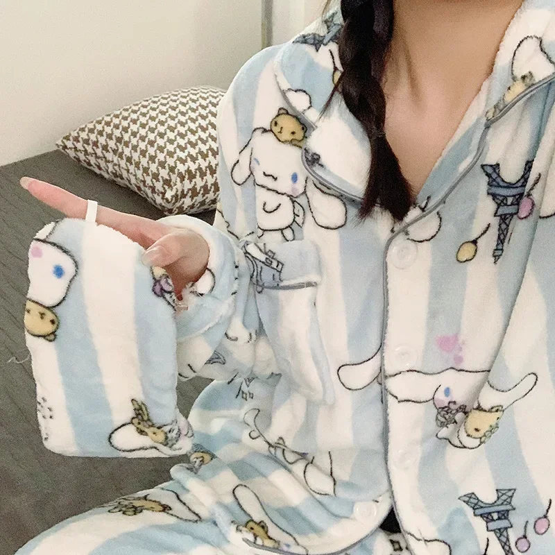 Creative Hello kitty Autumn and Winter Coral Velvet Women\'s Pajamas Kawaii Sanrio Cinnamoroll My Melody Kuromi Warm Home Clothes