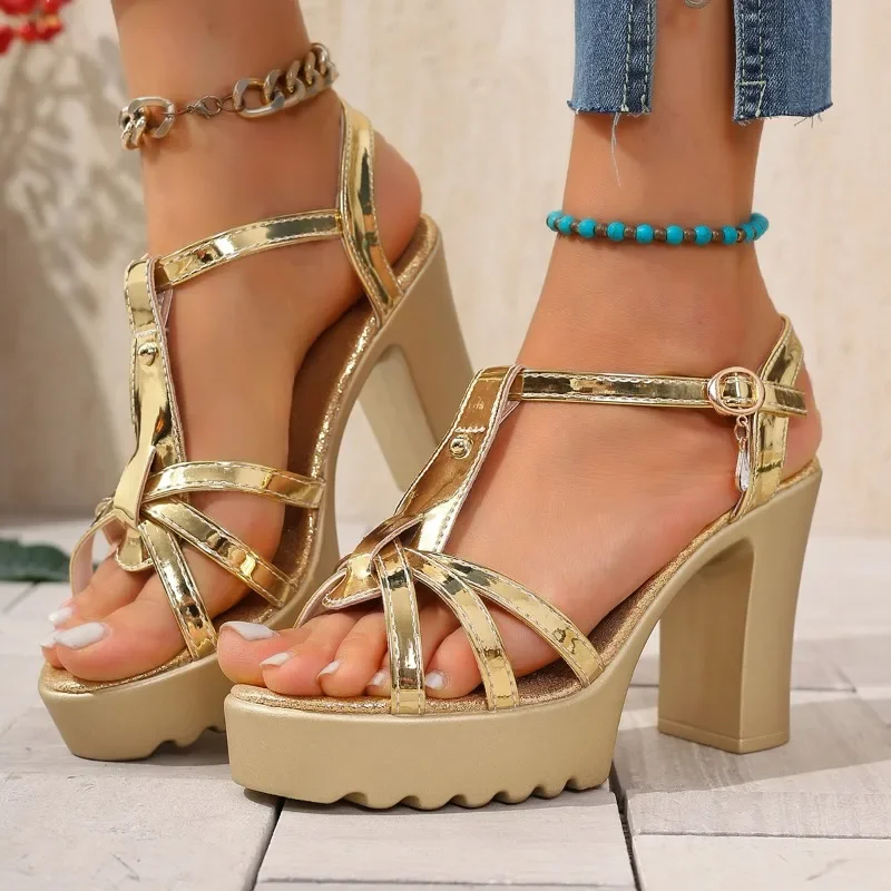 

Super High Heel Sandals Summer New Round Toe Open Toe Cross Strap Platform Non-slip Wear-resistant Block Heel Shoes