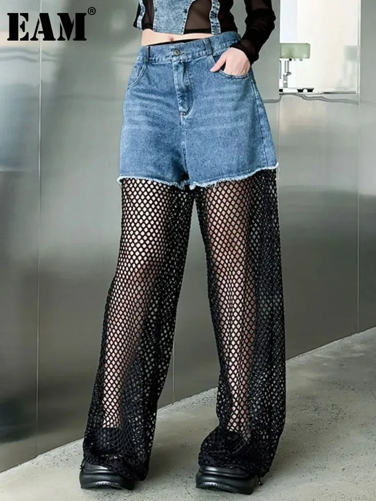 EAM High Waist Black Hollow Out Burr Denim Long Wide Leg Jeans New Women Trousers Fashion Tide Spring Autumn 2025 1DH9935