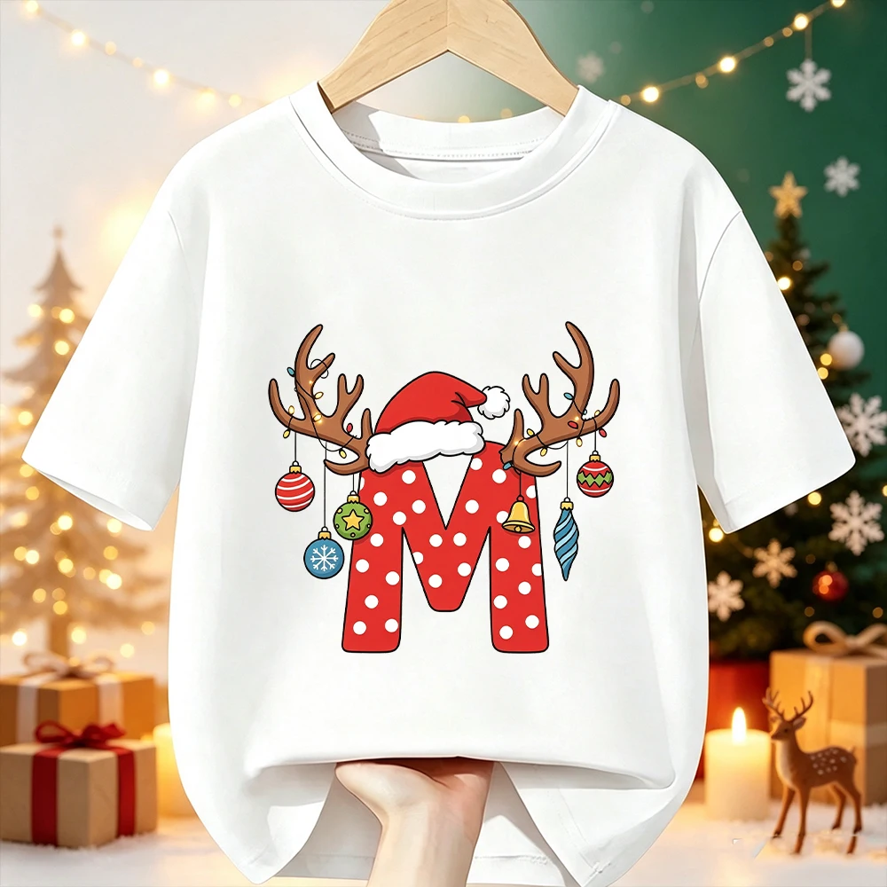 Boys Girls Xmas Party Kids Tee Festive Antler Bauble‑Style A‑Z 26 Alphabet Graphic Cotton Short Sleeve Children Casual Top
