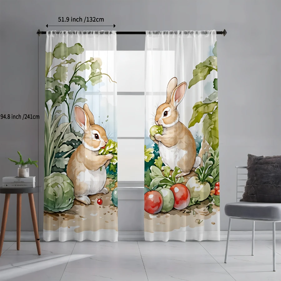 2PCS Digital Print Sheer Curtains, Vegetable Garden Bunny Rabbit, Cute Farm Spring Animal for Bedroom Living Room Home Decor