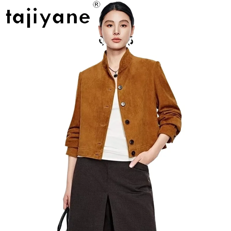 TAJIYANE Real Sheepskin Short Coats Women Vintage Suede Stand Collar Jackets Spring Genuine Leather Jacket 2026 Woman Clothes 자켓