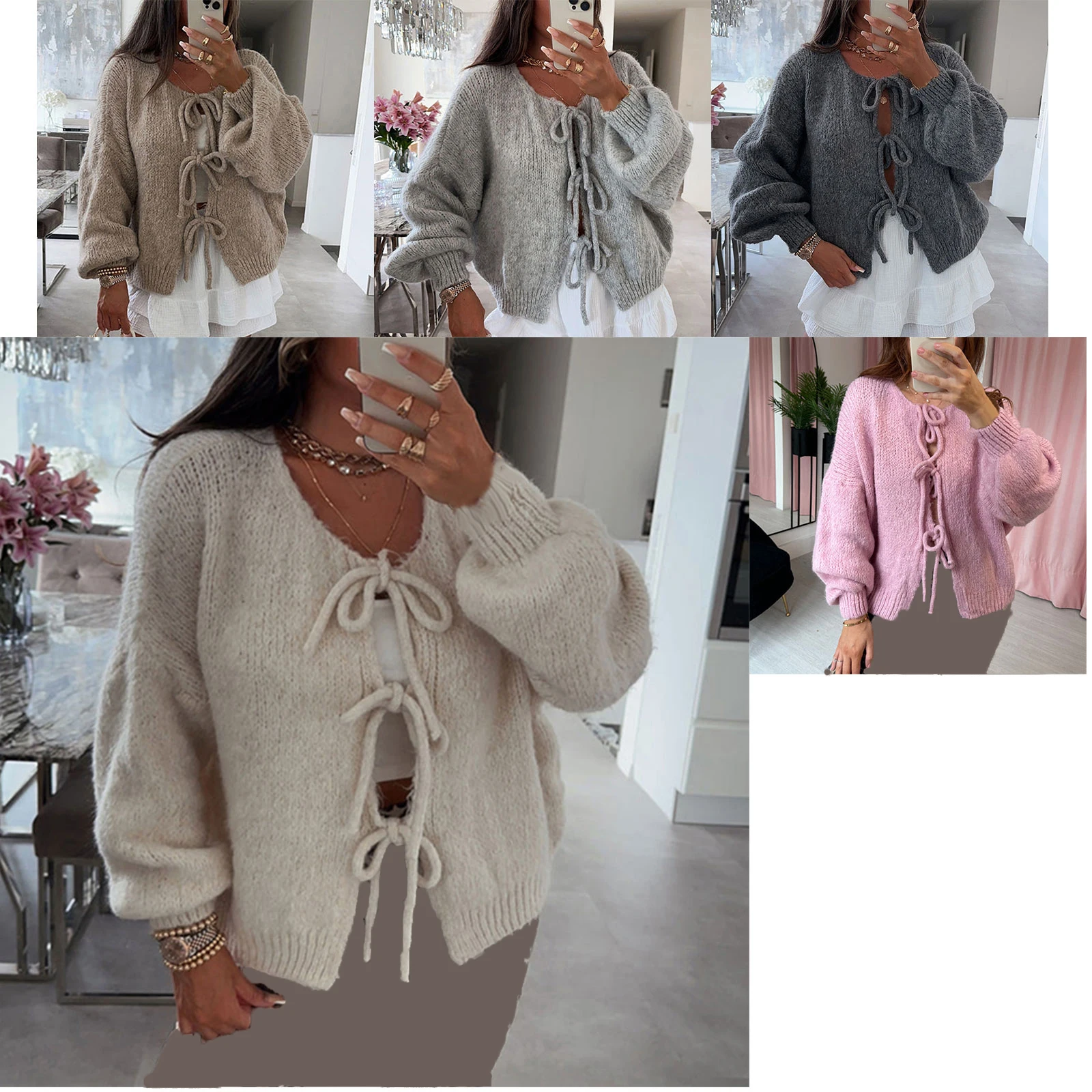 Women\'s Y2K Aesthetic Fall Tie Front Sweater Solid Color V-Neck Long Sleeve Loose Knitwear Cardigan