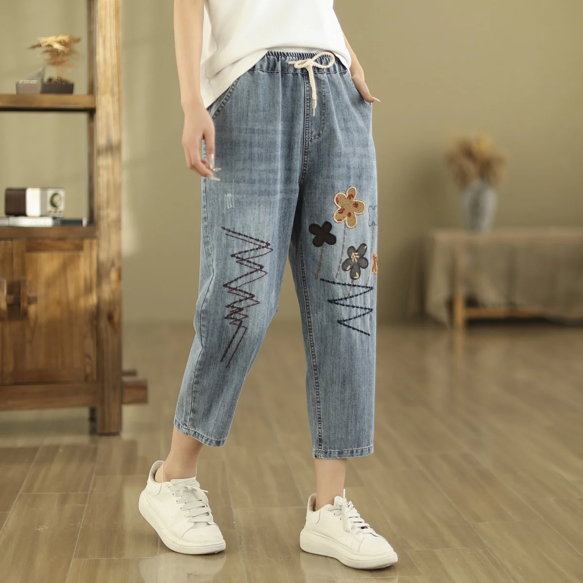 Mori Kei Jeans Women Japan Style Vintage Floral Embroider Harem Jeans High Waist 2024 Drawstring Denim trousers Harem Pants