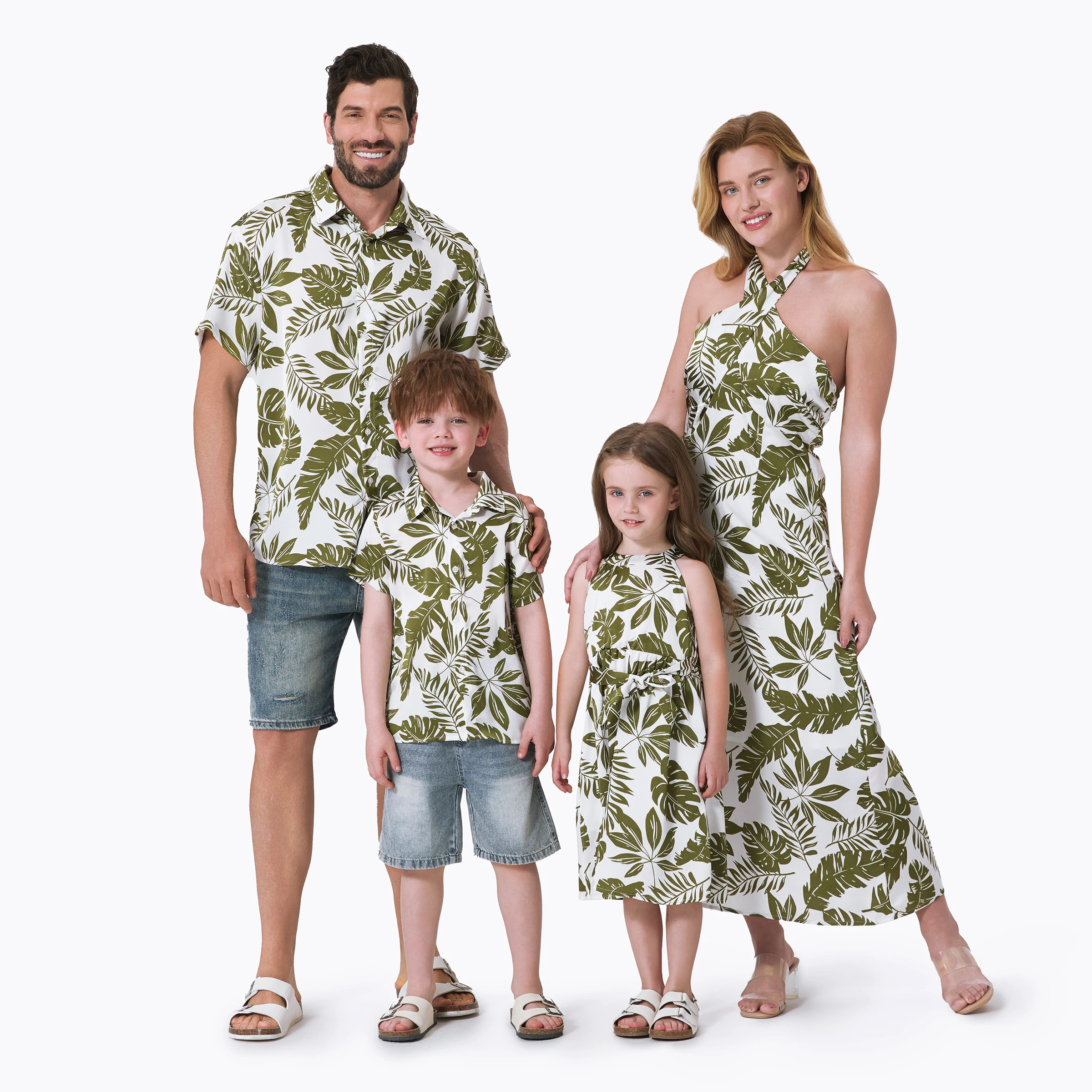 

PP PatPat Family Matching Palm Leaf Print Set tropical vibes Dad Boy Shirt Mom Girls Halter Dress Outfits 1pc
