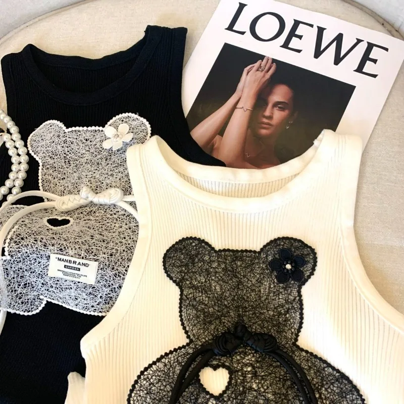 2025 Summer New Sweet Spice Girl 3D Bear Knitted Sleeveless Women's Casual Versatile Slim Fit Suspender Ins Tank Top