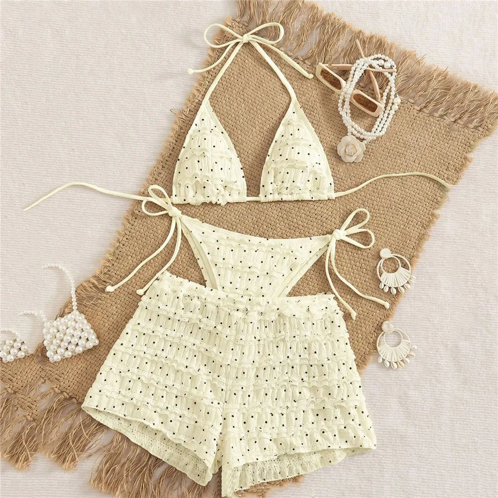 Light Yellow Dot Print Halter String Triangle Bikinis Sets 3 Pieces Bottoms Shorts Lace Swimwear Micro Thong Sexy Swimsuit Women