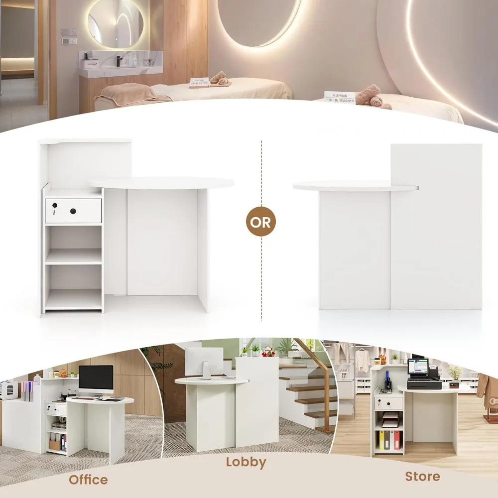 Reception Desk, Small Retail Checkout Counter with Lockable Drawer and Open Shelves, Wooden Front Desk Reception Counter