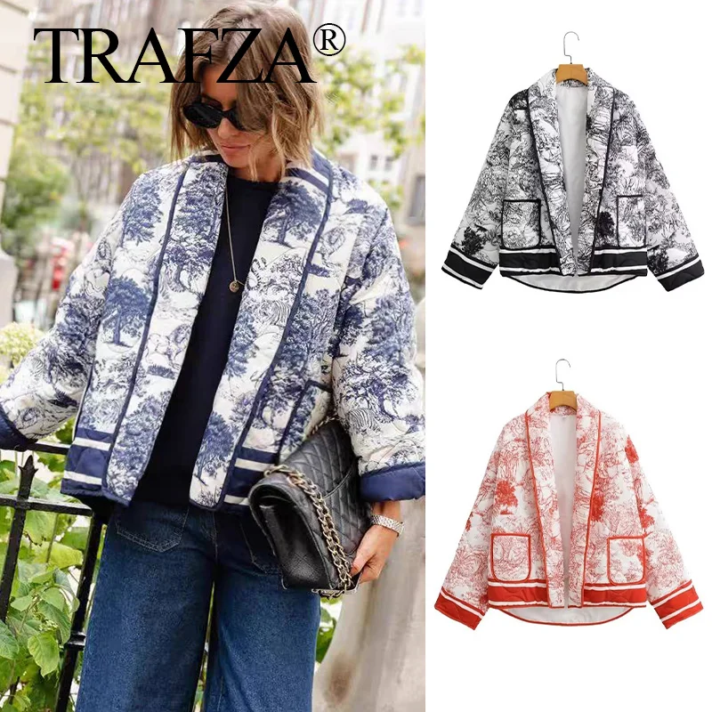 TRAFZA 2024 Autumn Women Elegant Fashion Black Floral Print Cotton Coat Long Sleeve Cardigan Warm Outwear High Street Roupa