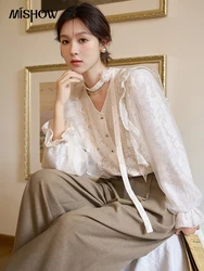 MISHOW【 Rose Series 】Lace Patchwork Shirt for Women 2023 Autumn Ruffles Single Breasted Petal Sleeve Elegant Tops MXC41X1280