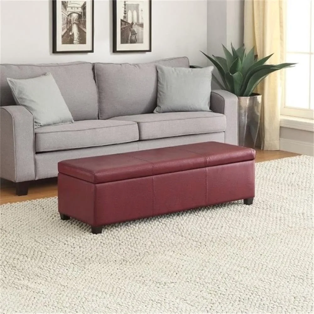 48 inch Wide Contemporary Rectangle Storage Ottoman Bench in Red Vegan Faux Leather, Assembled, for the Living Room