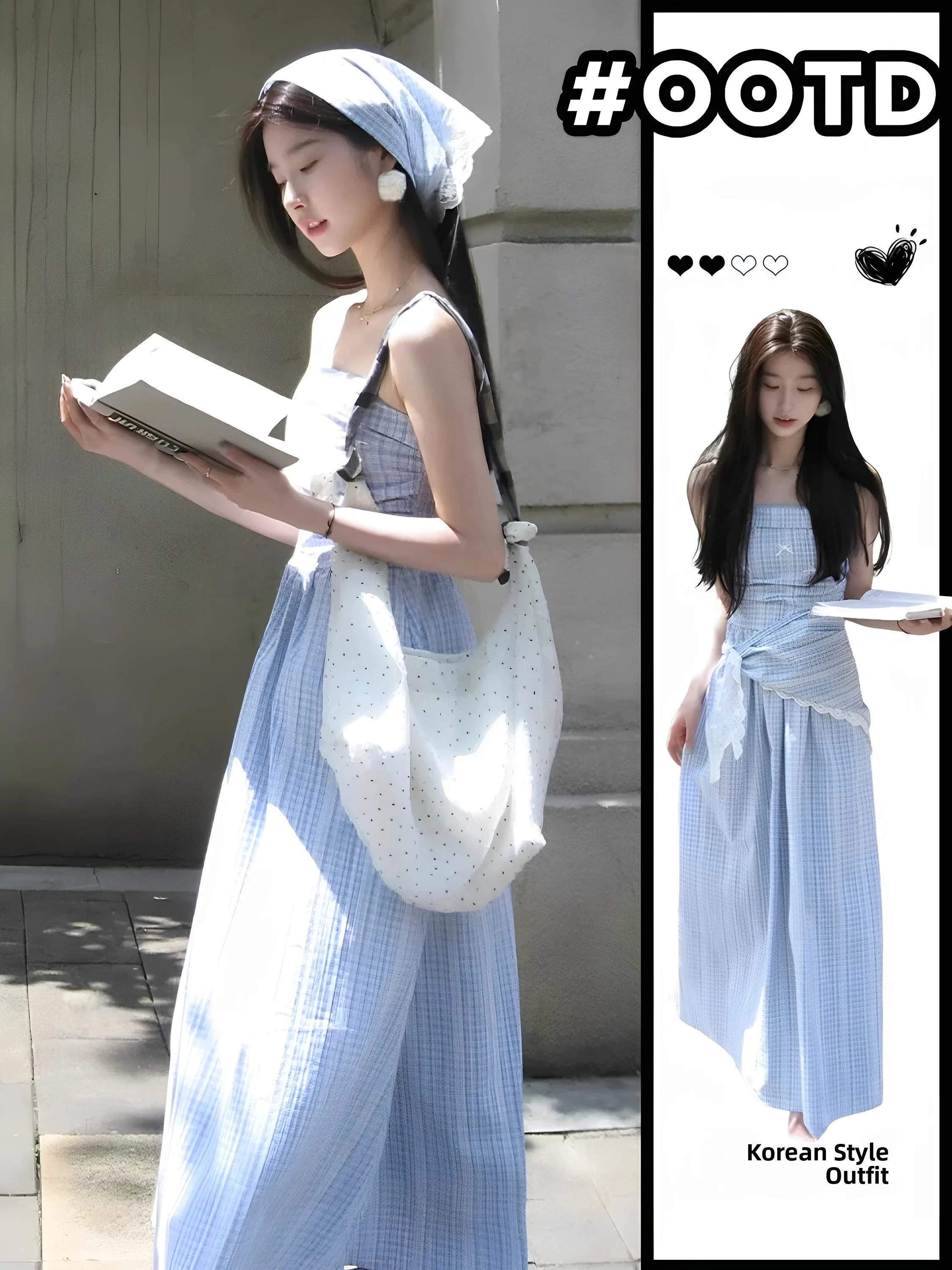 

Vacation Style Blue Plaid Lace Trim Wrap Dress Women's Beautiful Summer Dress Silk Scarf High Waist A-Line Gown No Brand
