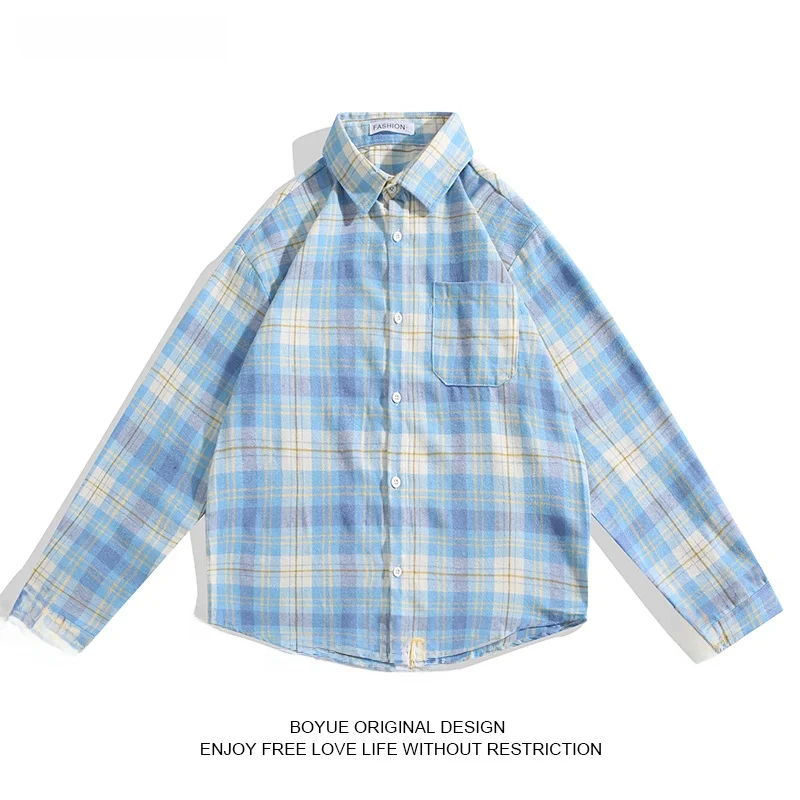 

Boyue Japanese Retro Plaid Long Sleeve Men's Shirt Spring Autumn Trendy Lazy Style Couple Shirt Sharp Collar Loose Fit Youthful