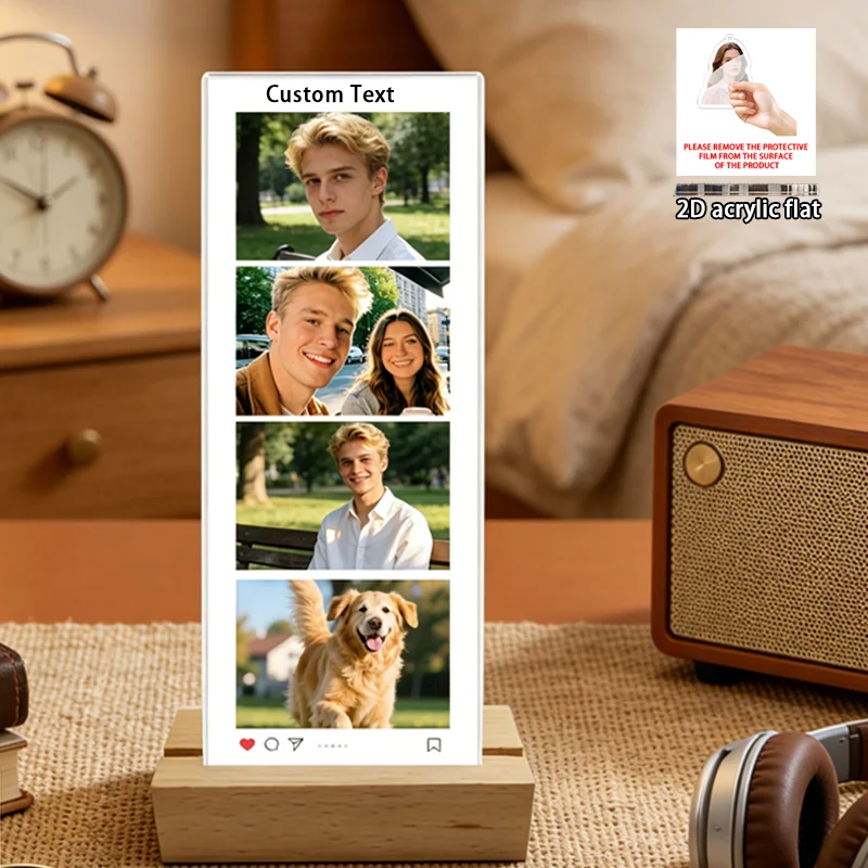 Personalized Film Strip Photo Acrylic Stand With Wood Base, Custom 4 Pictures & Text Desk Ornament, Unique Memory Keepsake Gift - view 3