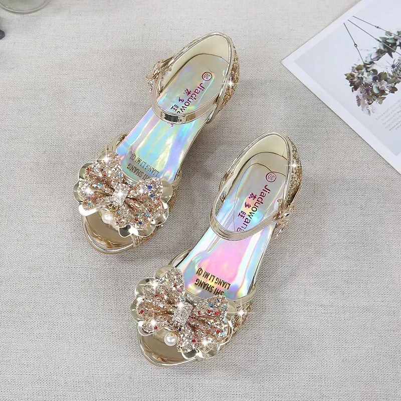 5 Colors Children Princess Sandals Kids Girls Wedding Shoes High Heels Dress Shoes Bowtie Gold Pink Blue Silver Shoes For Girls