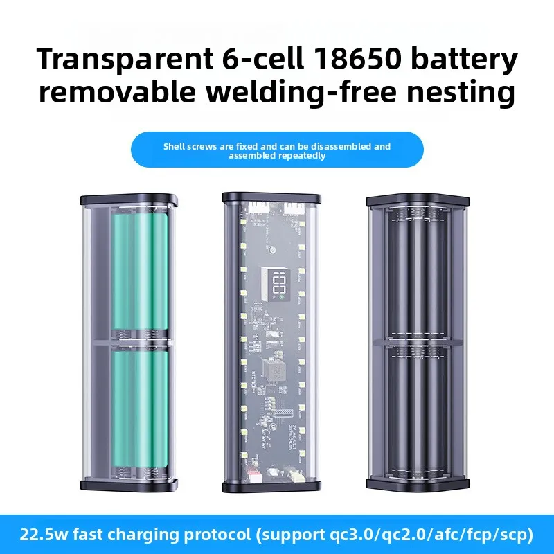 

20000mAh 22.5W Mobile Power DIY Case 6*18650 Battery Box Fast Charging Power Bank Transparent Shell With LED Camping Lighting
