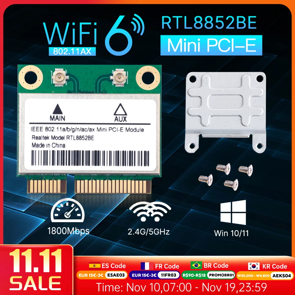 

WiFi 6 AX1800 Mini PCIE Network Card RTL8852BE Bluetooth 5.2 Dual Band 2.4G/5G 802.11AX Wlan Wireless Adapter For Windows 10/11