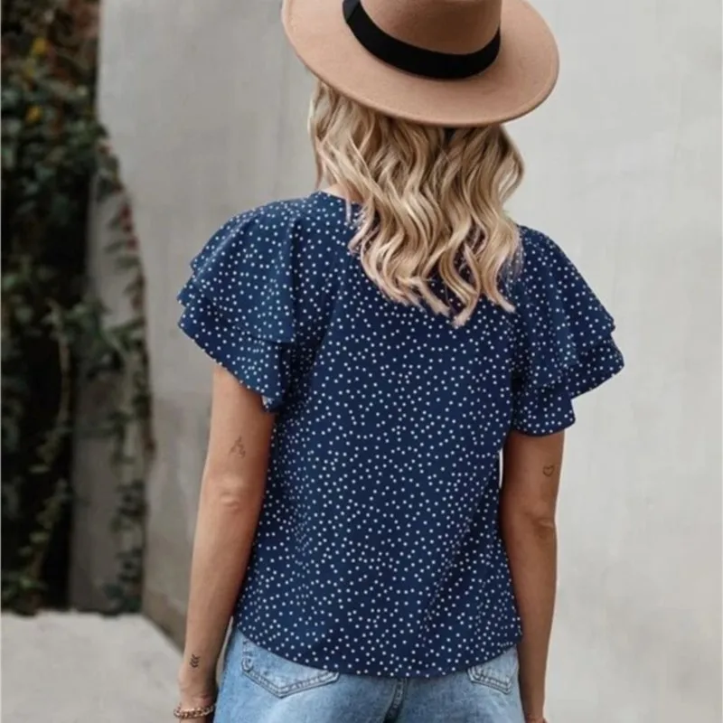 2025 sommer Neue Tunika Tops Für Frauen Kurzarm Polka Dots Bluse Arbeit Urlaub Hemd Casual O Neck Blusas Weibliche Chemise Mujer
