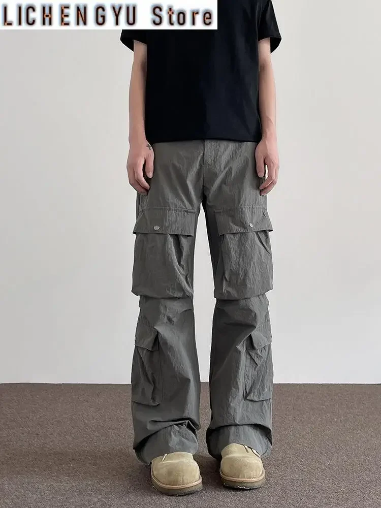 

Women's Multi Pocket Casual Grey Unisex Thin Pants Retro Street Fashion Bottoms Female High Waist Straight Cargo Trousers