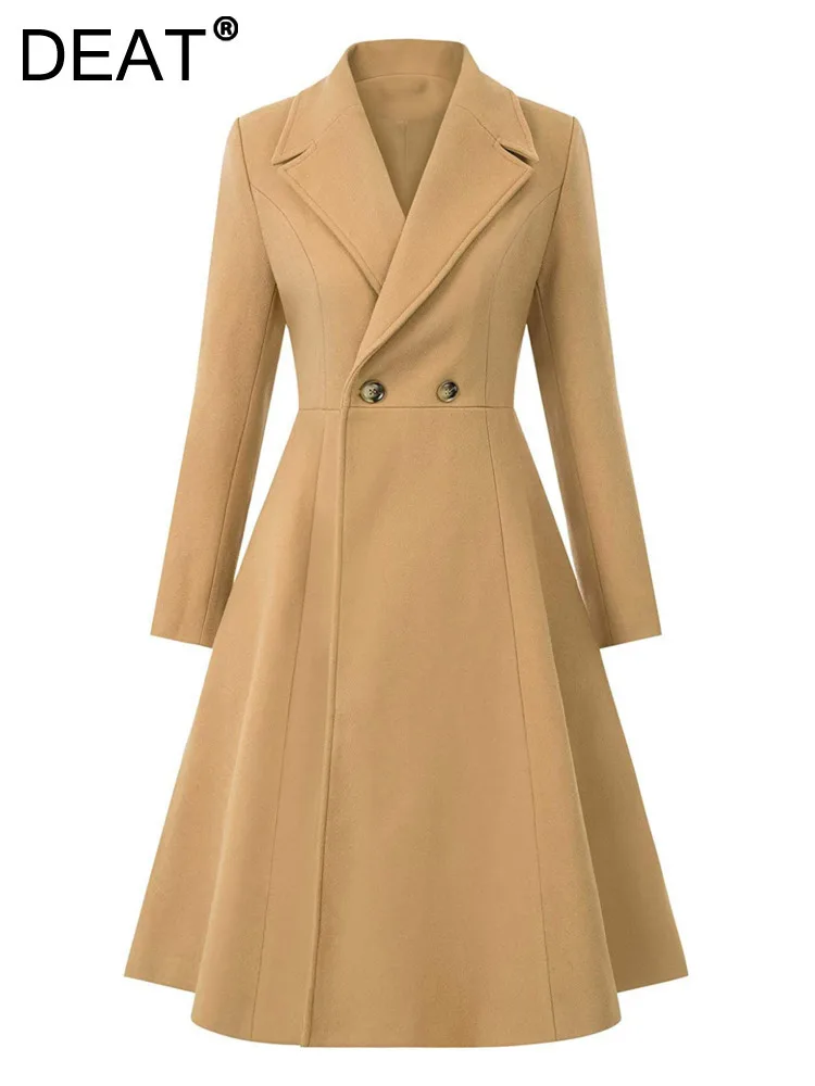 

DEAT Fashion Women's Trench Coat Lapel Slim High Waist Double Breated Long Slevees A-line Khaki Overcoat Autumn 2024 New 7AB4991