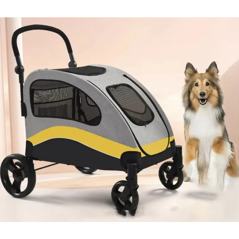 Extra Large Dog Stroller Adjustable Handles Lightweight Folding Pet Stroller All-Terrain 4 Wheel Dual Entry Safety Dog Stroller