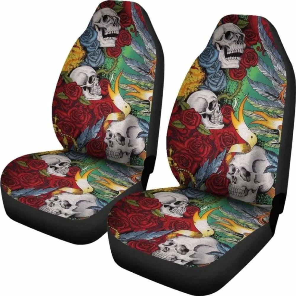 Set Of 2 Skull King Queen Car Seat Covers,Pack of 2 Universal Front Seat Protective Cover