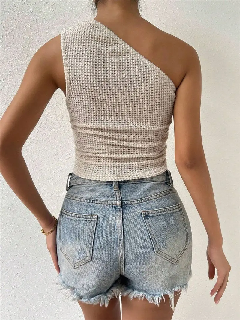 Women's Solid Color Waffle Knit One-Shoulder Crop Top Asymmetric Hem Slim Sleeveless Casual Streetwear Stylish Y2K Outfit