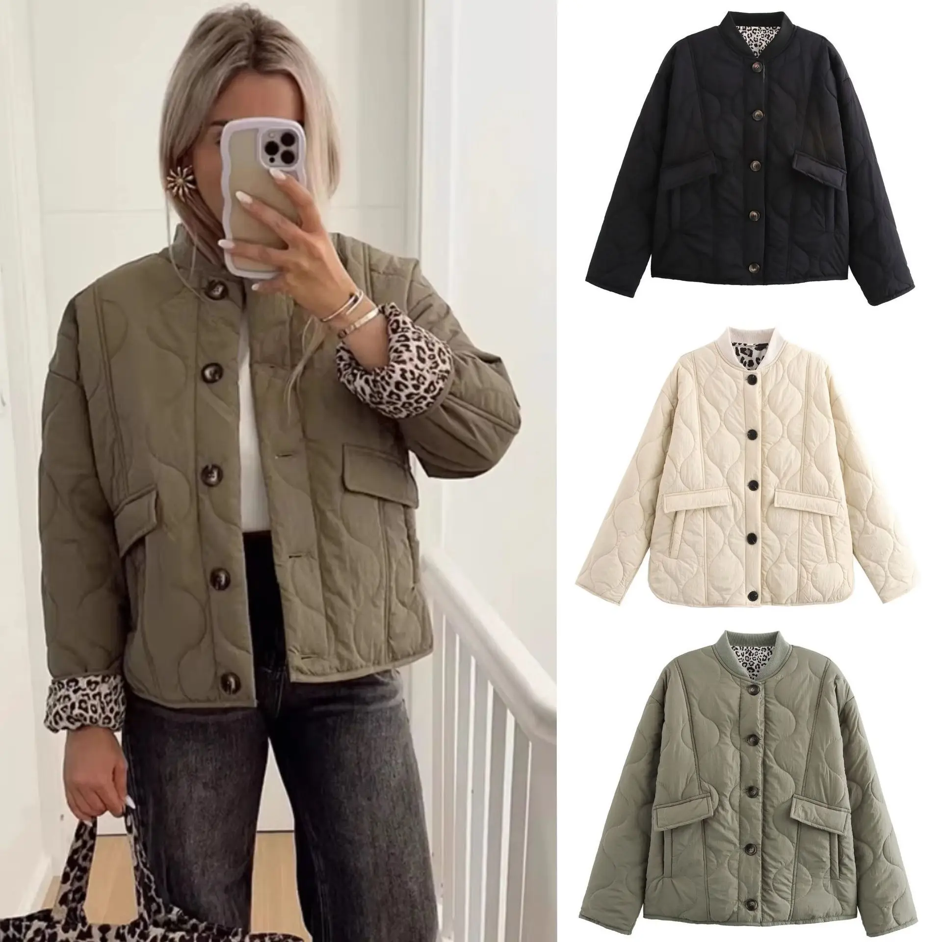 

Autumn Winter New Women Street Fashion Casual Quilted Cotton Jacket Versatile Solid Color Female Stand Up Collar Coat